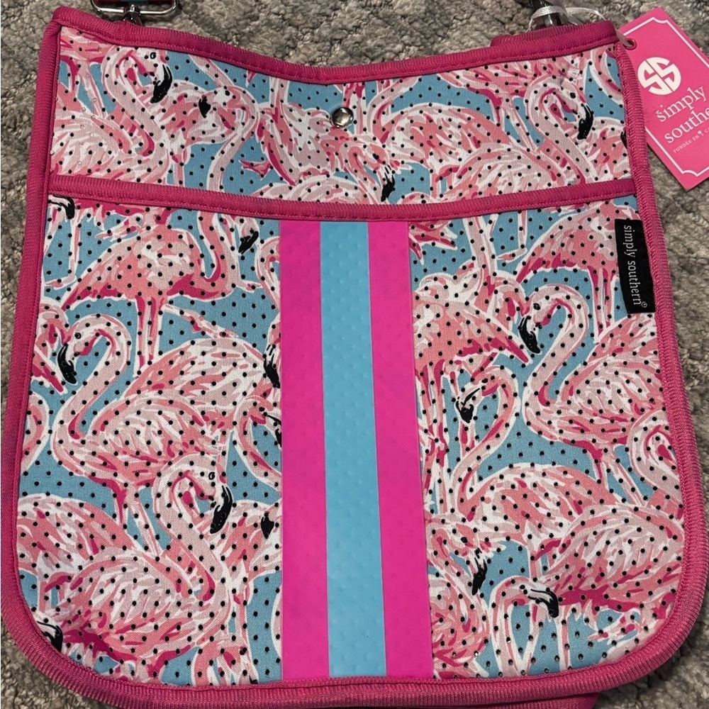 NWT Simply Southern Large Neoprene Pink/Blue Flamingo Crossbody - Picture 3 of 7